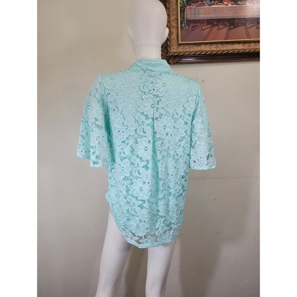 Investments Women's Top Blouse Size S P Petite Nylon Blend Lace V-Neck Aqua (33) - Picture 5 of 11